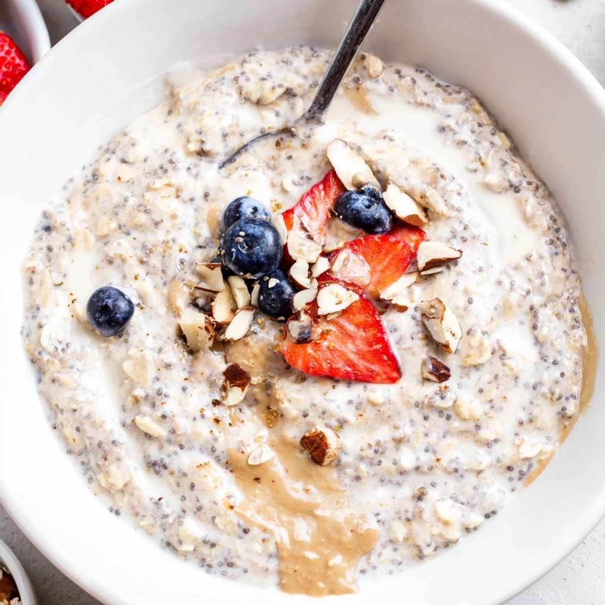 Creamy Protein Overnight Oats topped with fresh berries and crunchy nuts