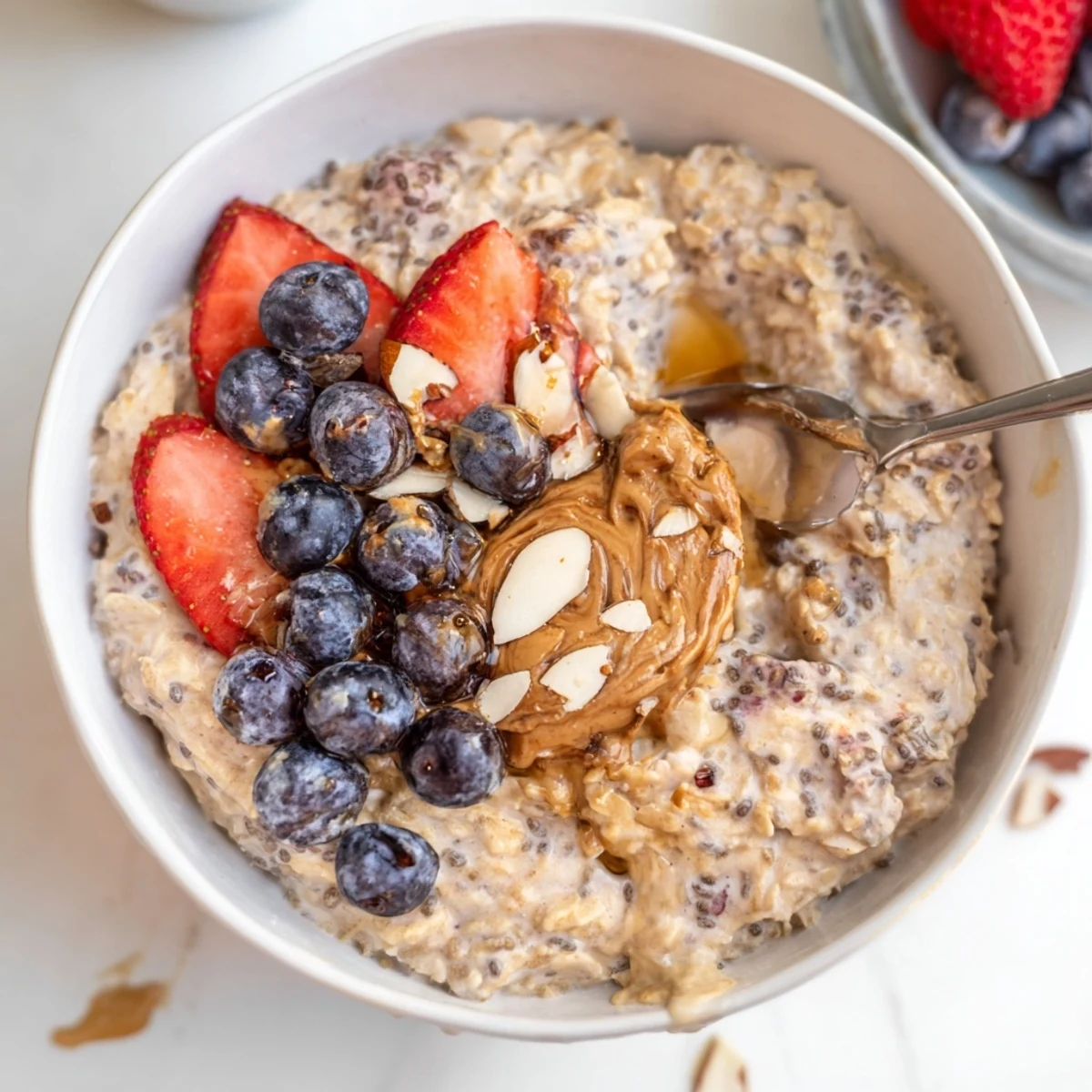 Fridge-chilled Protein Overnight Oats soaked overnight, vanilla-sweetened, ready for breakfast