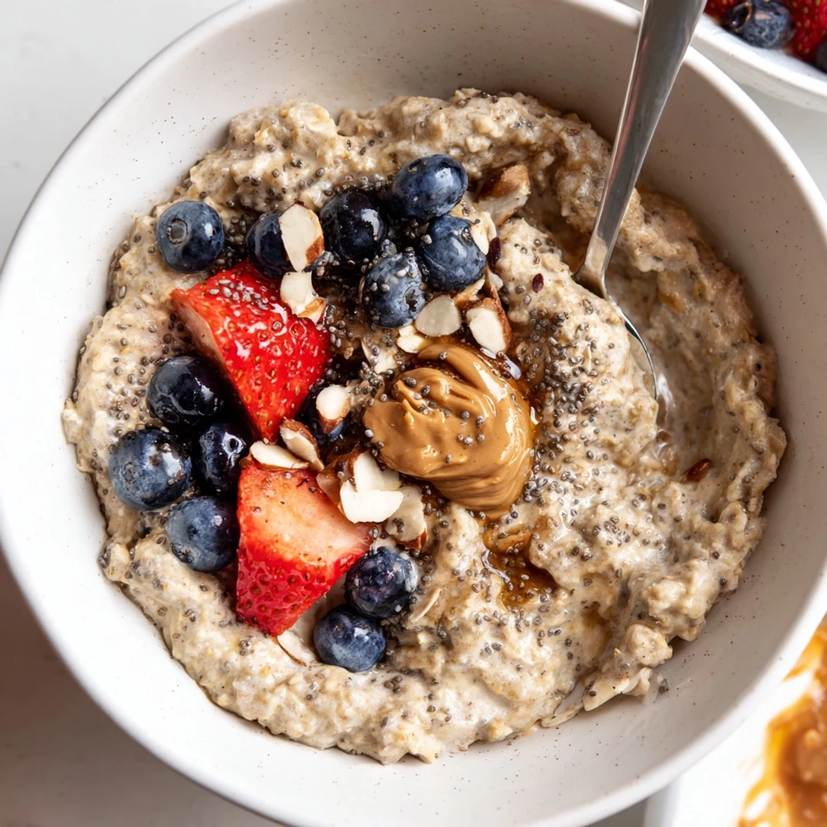 Protein Overnight Oats layered in jar, smooth Greek yogurt, drizzle of maple