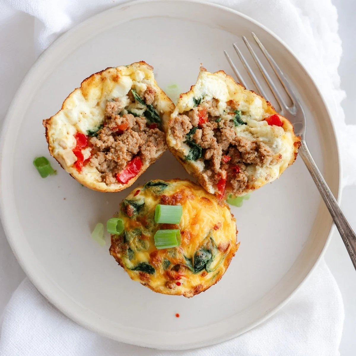 Warm Turkey Sausage Egg Muffins for meal-prep, dotted with spinach and cheddar.