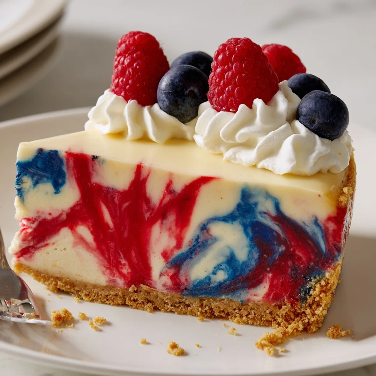 Patriotic Swirl Cheesecake with glossy red and blue marbling, creamy slice