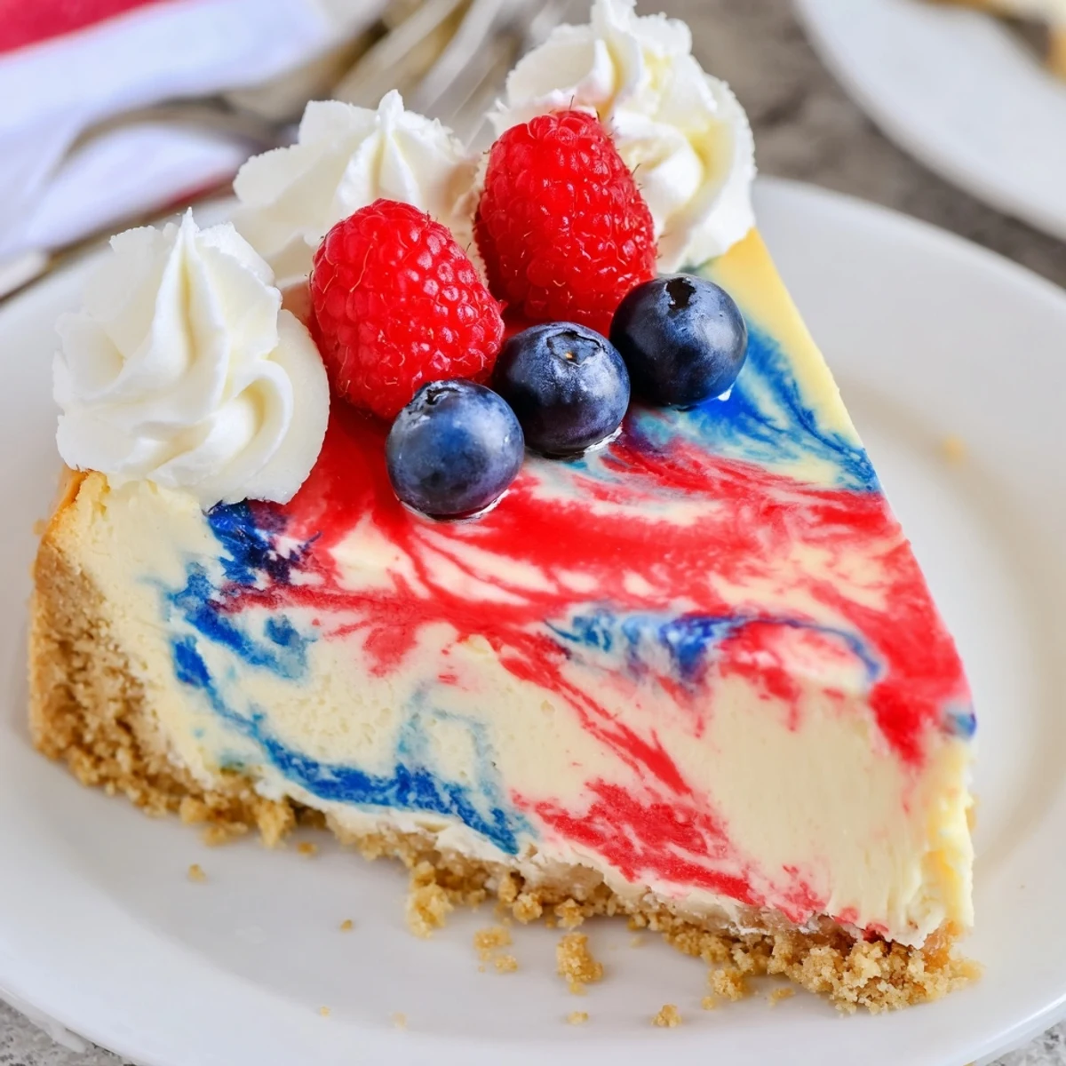 Chilled slice of Patriotic Swirl Cheesecake, velvety creaminess finished with fresh berries