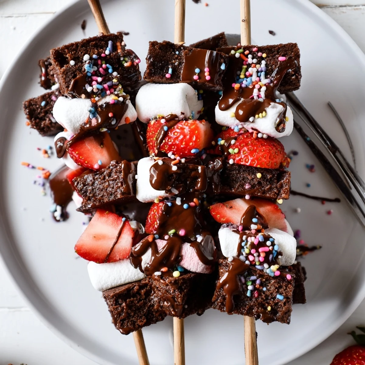 Sweet Strawberry Brownie Kabobs glistening with chocolate drizzle on a white platter