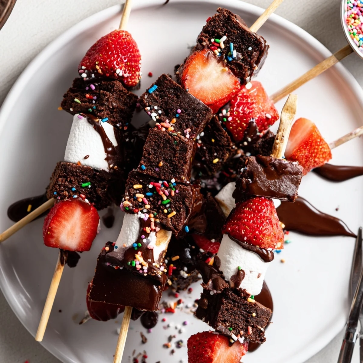 Freshly assembled Sweet Strawberry Brownie Kabobs offer fudgy, juicy, marshmallow-soft bites