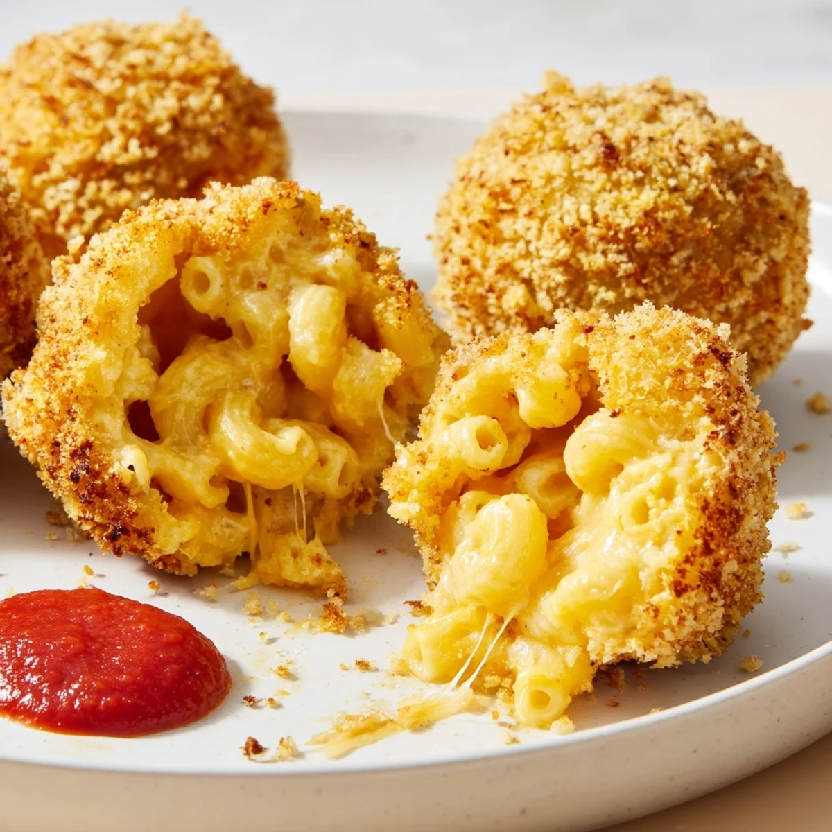 Bite-sized Fried Mac And Cheese Bites oozing creamy cheddar, served with marinara