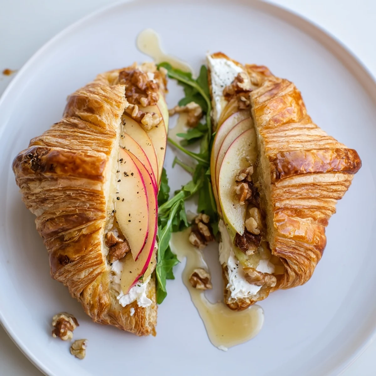 Warm Apple Goat Cheese Croissant Sandwich: creamy filling, peppered arugula, toasted edges