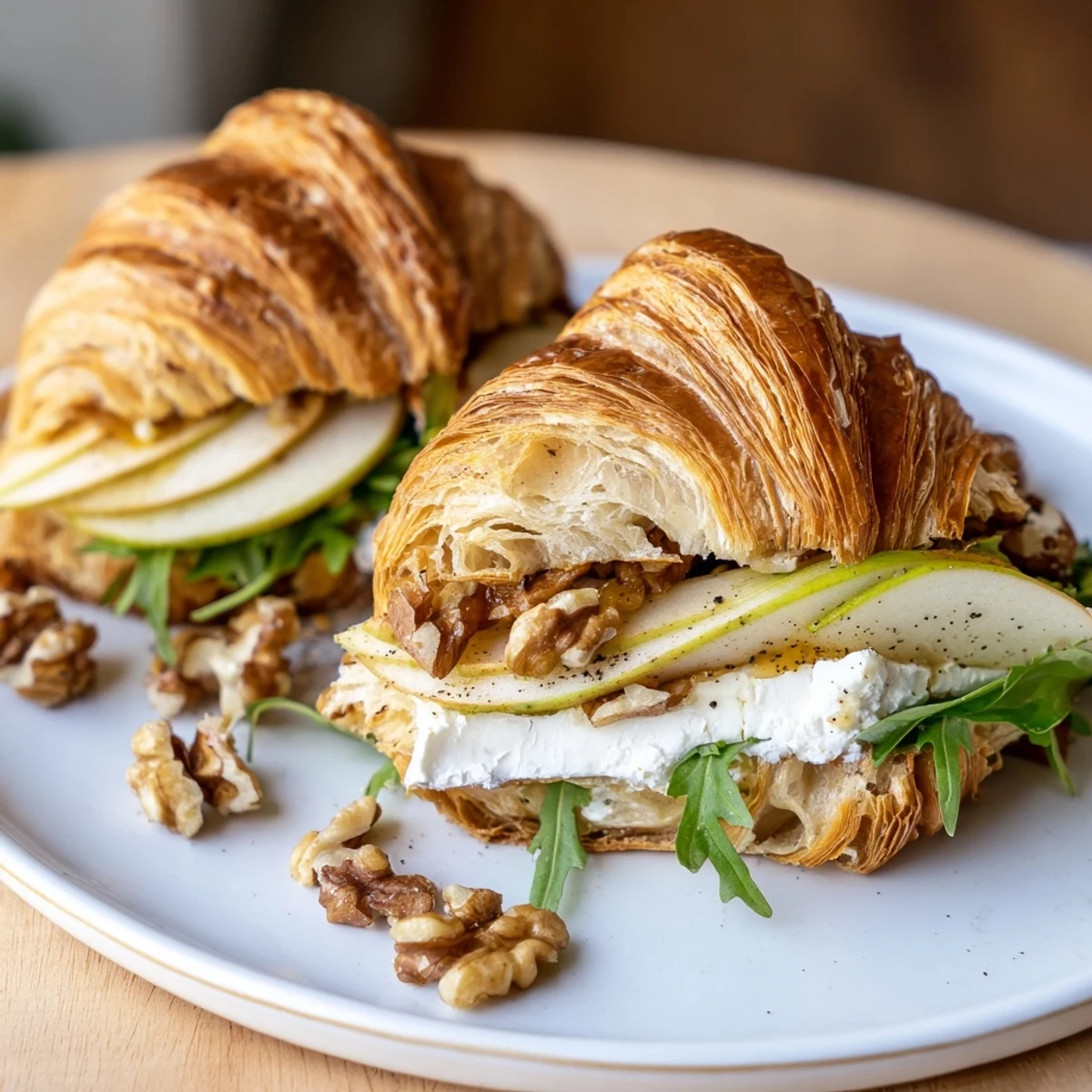 Apple Goat Cheese Croissant Sandwich with honey drizzle, crisp apple slices, warm croissant