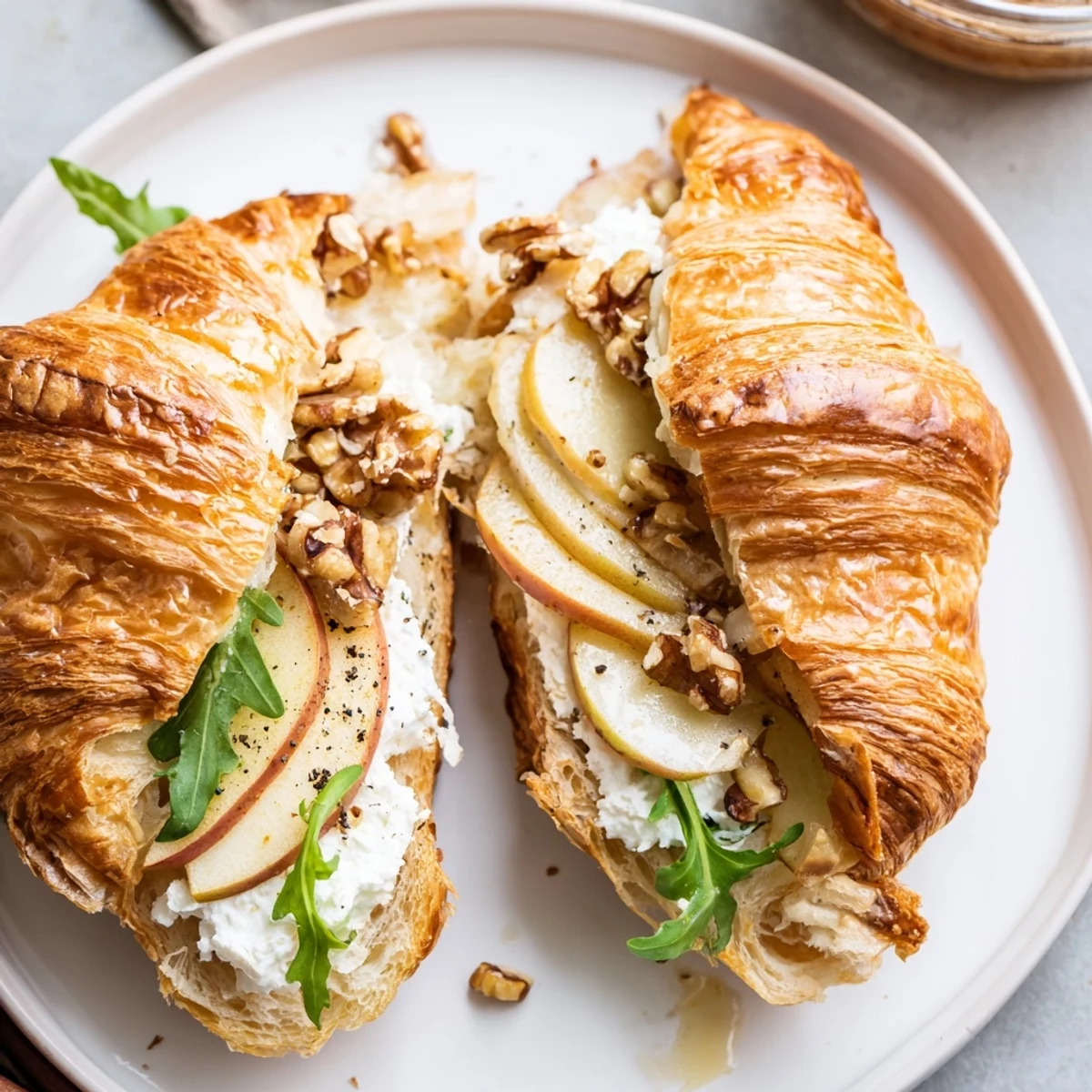 Toasted Apple Goat Cheese Croissant Sandwich served with walnuts for crunch and elegance