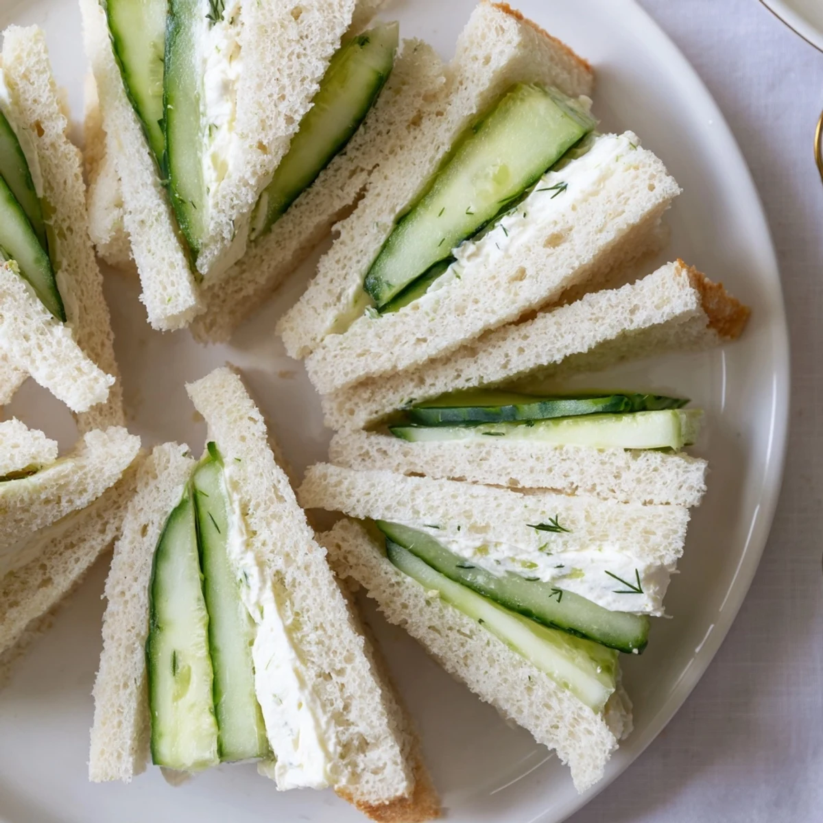 Classic Cucumber Sandwiches with creamy dill spread, thin cucumber slices, served for tea.