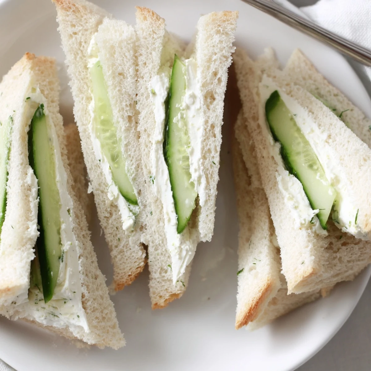 Plated Classic Cucumber Sandwiches quartered into triangles, crisp cucumber, perfect with sparkling water.