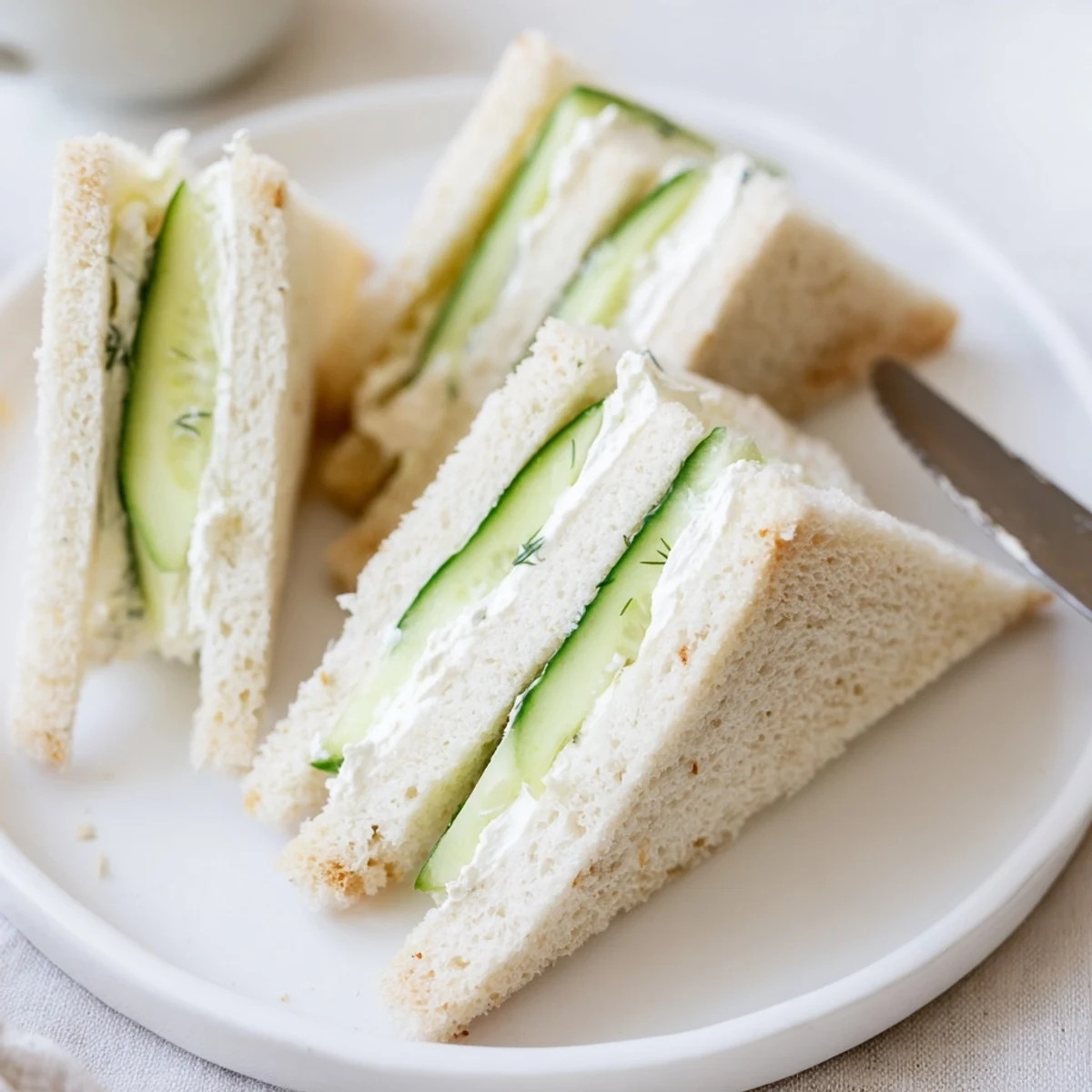 Stacked Classic Cucumber Sandwiches on white plate, crustless, delicate and refreshing.