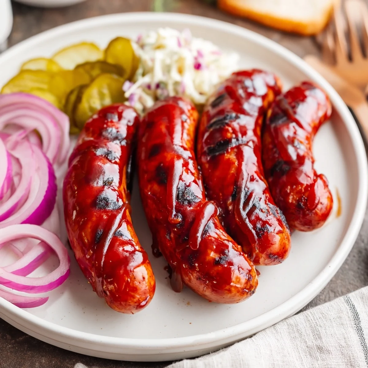 BBQ Sausage Recipe: charred, glossy links brushed with tangy sauce on grill.