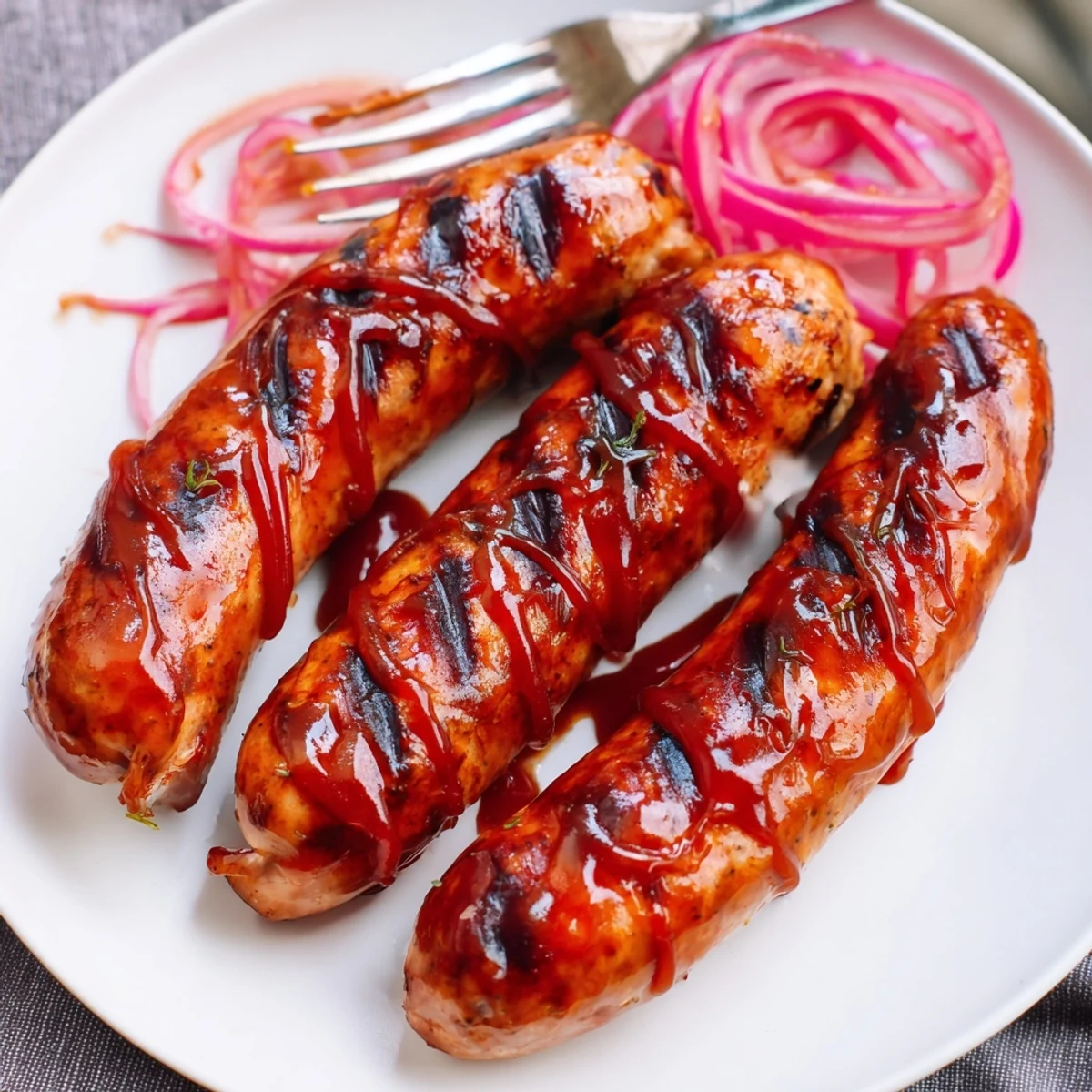 Grilled summer platter featuring BBQ Sausage Recipe with buns, pickles, and coleslaw.