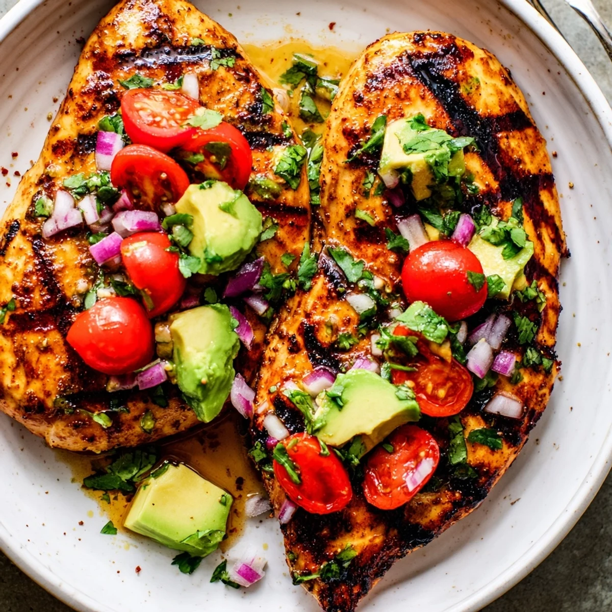 Grilled Fiesta Lime Chicken With Avocado topped with diced cilantro, lime wedge