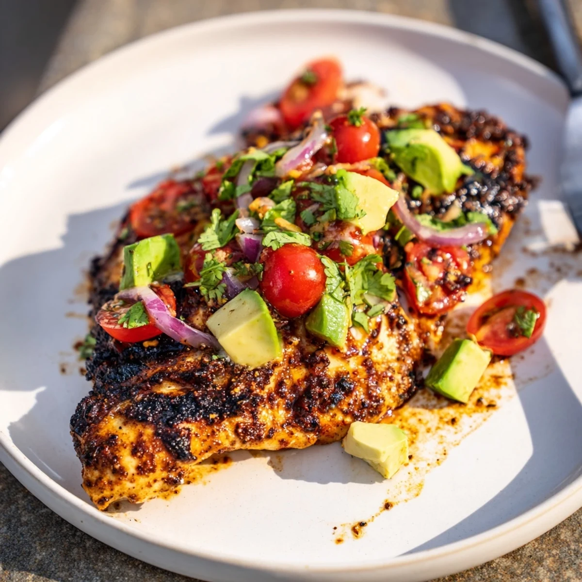 Charred Fiesta Lime Chicken With Avocado crowned by creamy tomato-cilantro salsa