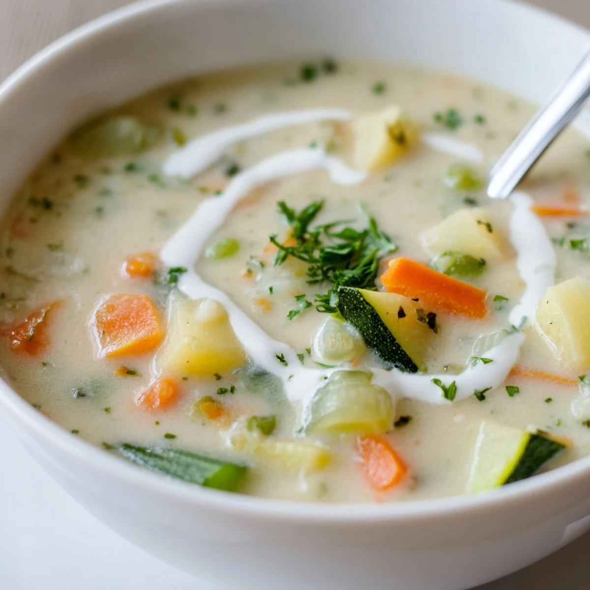 A steaming bowl of Creamy Vegetable Soup Recipe, velvety with diced veggies