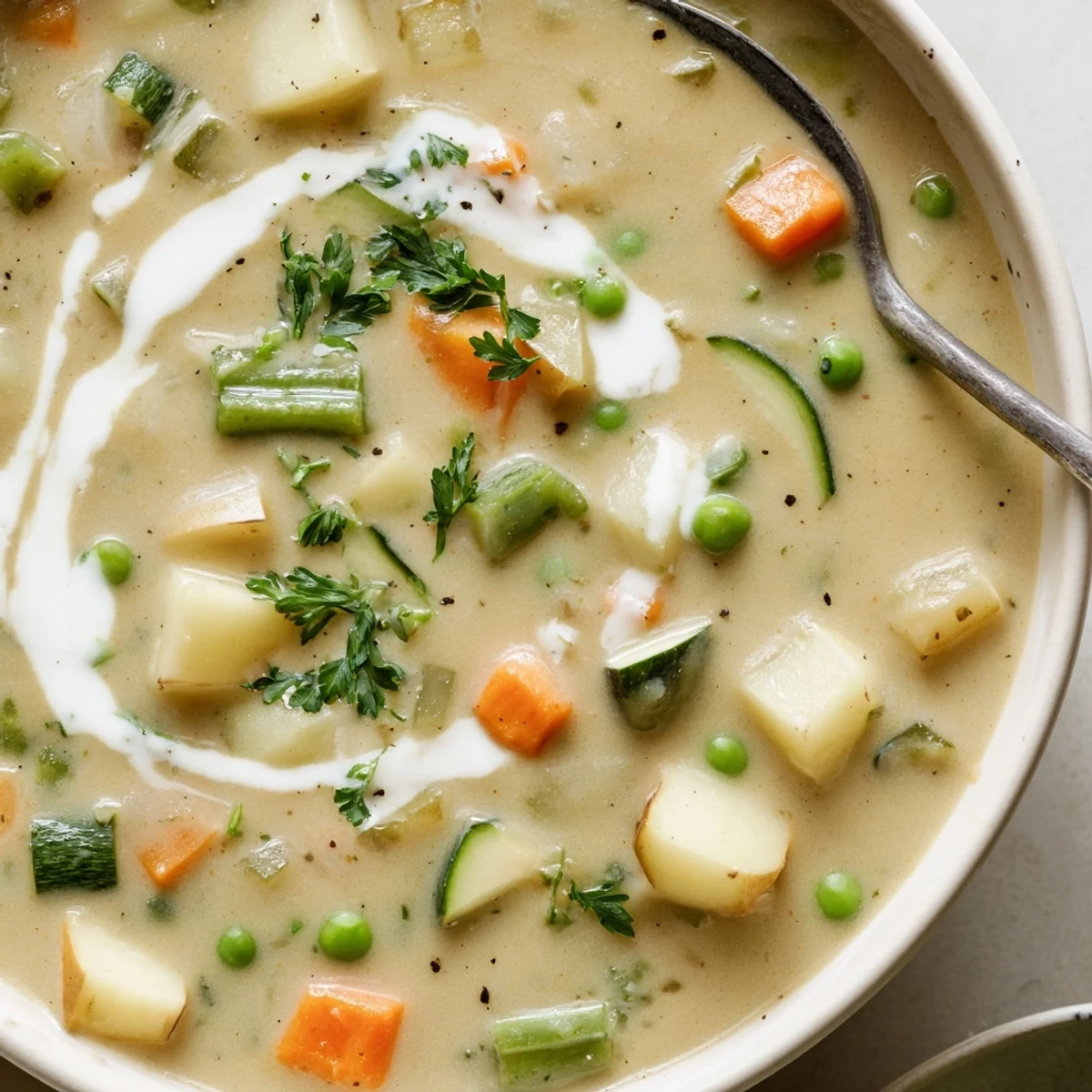 Creamy Vegetable Soup Recipe served hot in bowls with crusty bread and parsley