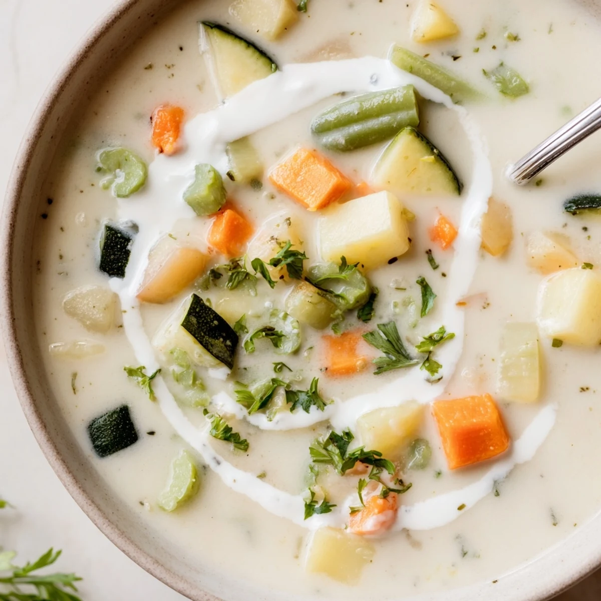 Warm spoonful of Creamy Vegetable Soup Recipe, creamy mouthfeel and fresh parsley