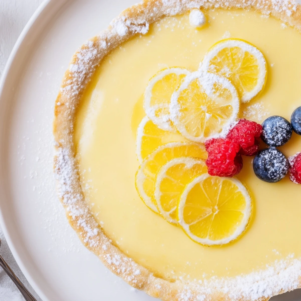 Chilled Creamy Lemon Tart Recipe dusted with powdered sugar, bright citrus aroma