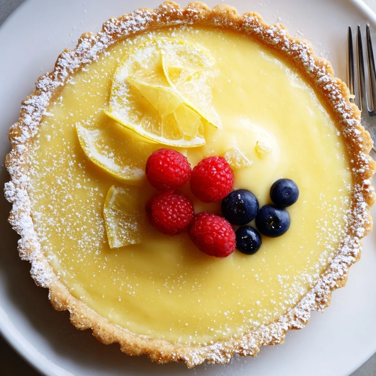 Creamy Lemon Tart Recipe on a wooden board, silky filling and golden crust