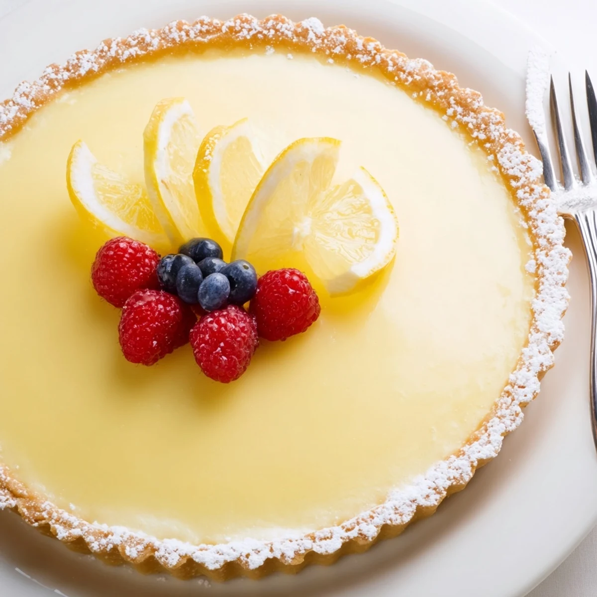 A slice of Creamy Lemon Tart Recipe served with berries and sparkling wine