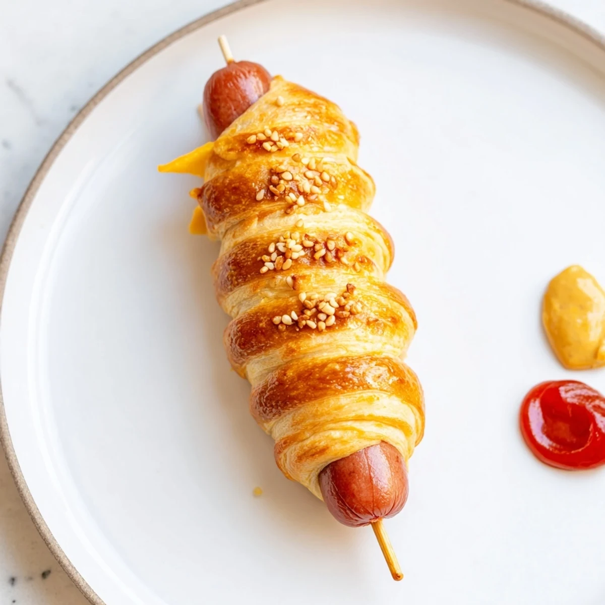 Golden baked Firecracker Hot Dogs Recipe, buttery dough spirals with sesame