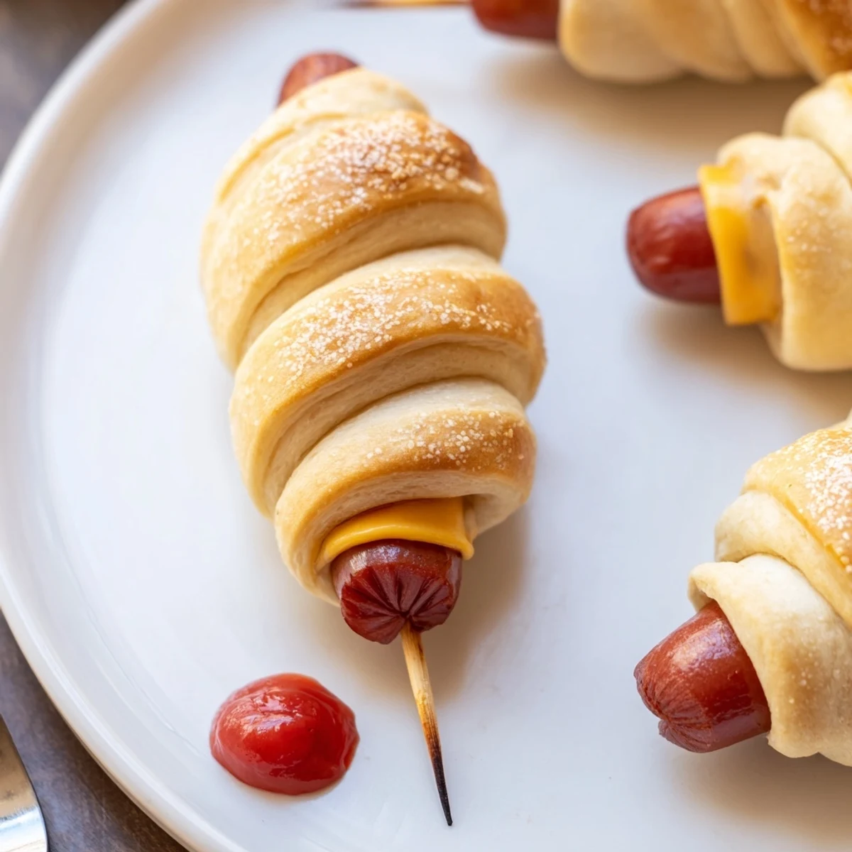 Firecracker Hot Dogs Recipe served warm on skewers with ketchup mustard