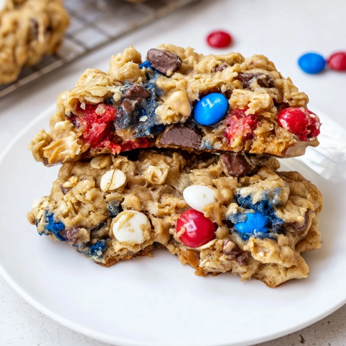 Patriotic Monster Cookies recipe: chewy oat cookies studded with red, white, blue candies