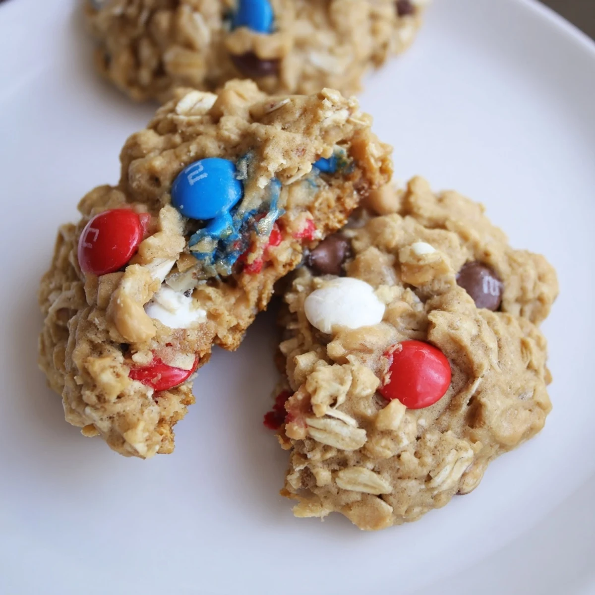 Warm Patriotic Monster Cookies on cooling rack, peanut butter aroma and melty chips