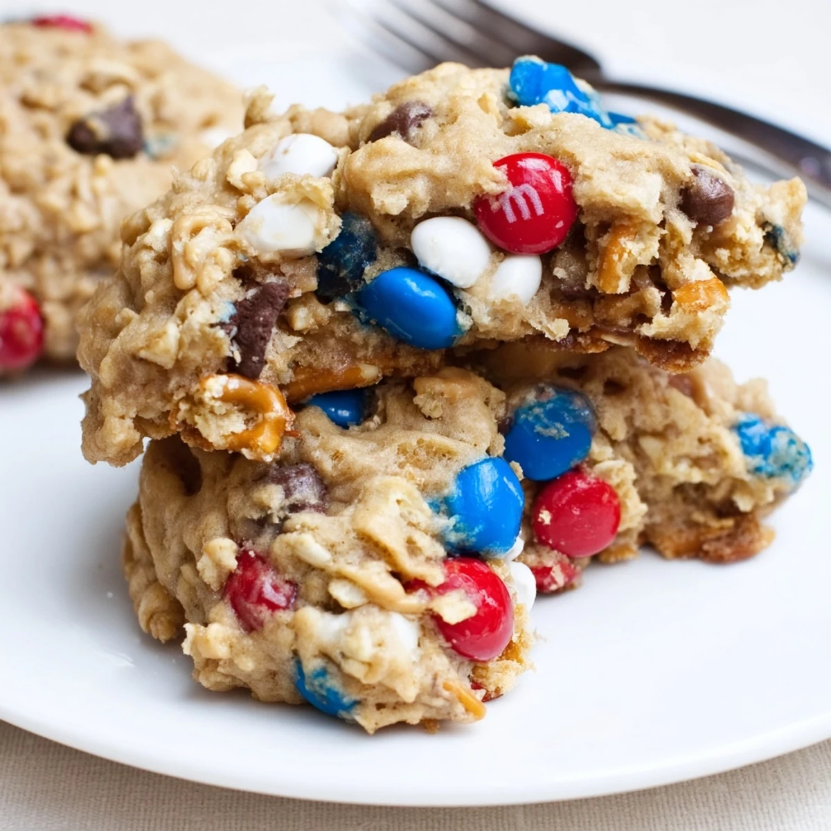 Stacked Patriotic Monster Cookies with crunchy pretzels, ideal for Fourth of July gatherings