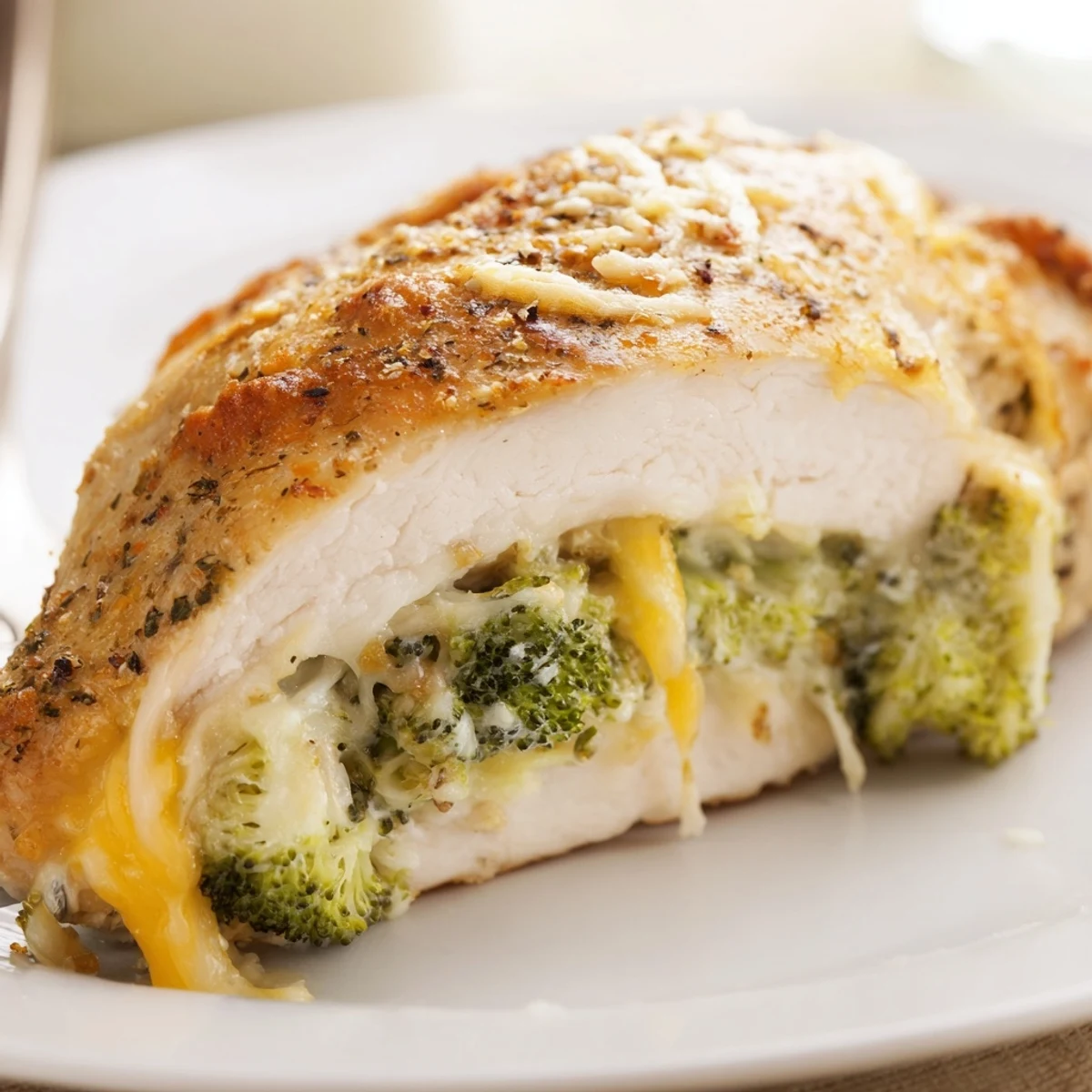 Broccoli Cheese Stuffed Chicken Breast with bubbling cheddar, golden baked, resting on plate