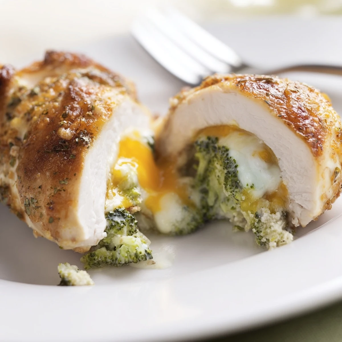 Sliced Broccoli Cheese Stuffed Chicken Breast revealing creamy broccoli cheddar filling, steam rising