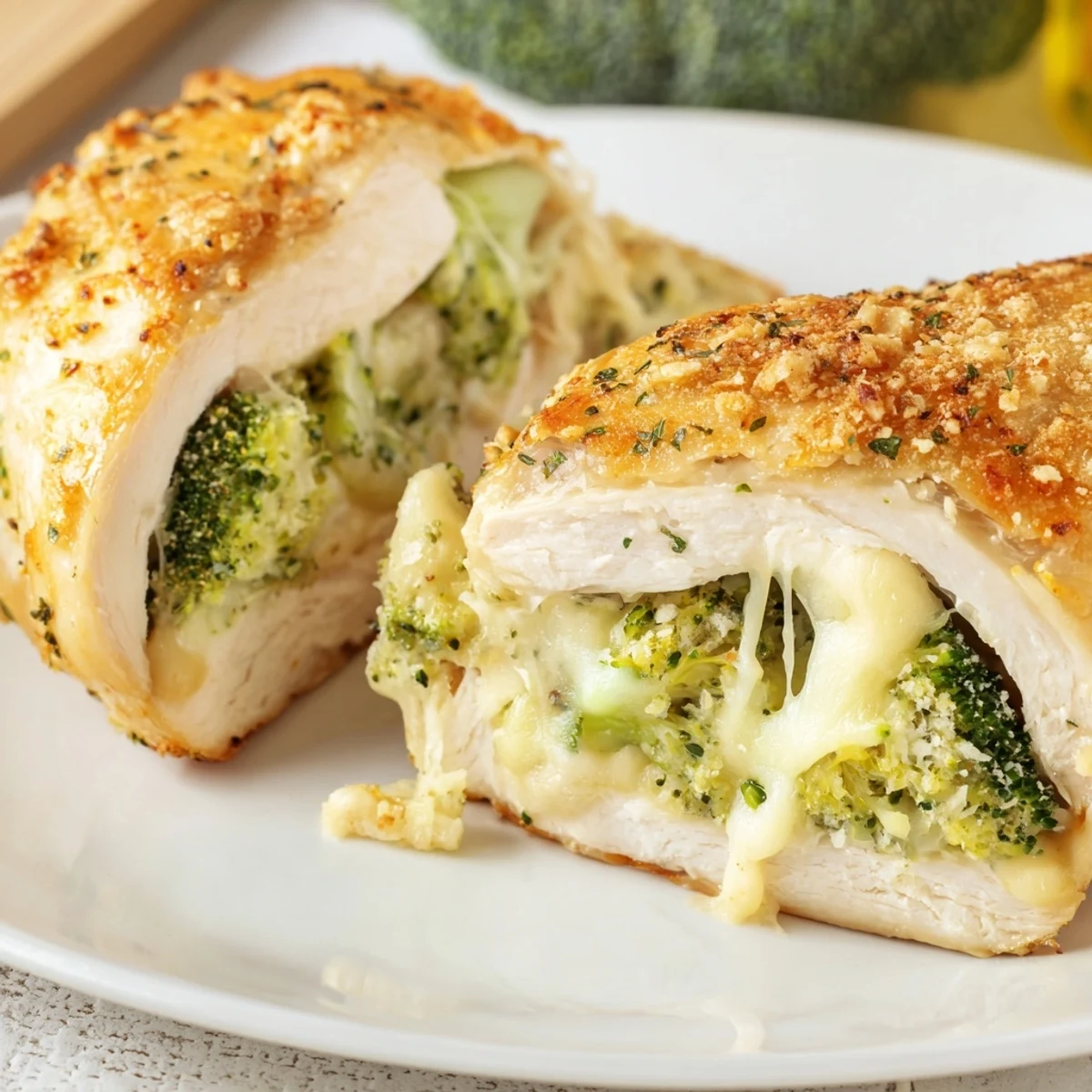 Family style Broccoli Cheese Stuffed Chicken Breast served with crisp green salad, fork ready