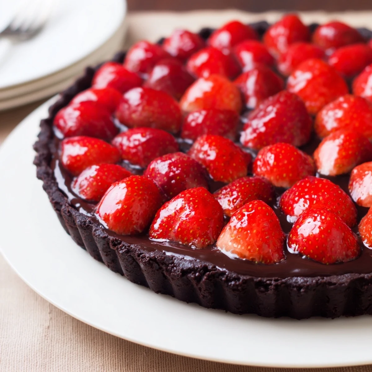 Dark Chocolate Strawberry Tart with glossy ganache, halved berries, crisp chocolate crust.