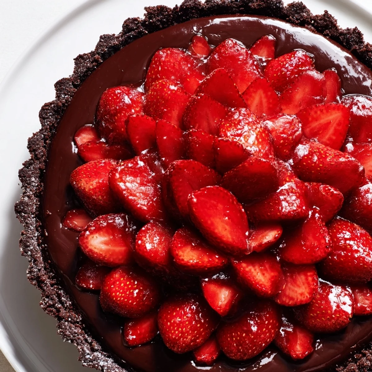 Sliced Dark Chocolate Strawberry Tart cooling on counter, ready to serve.