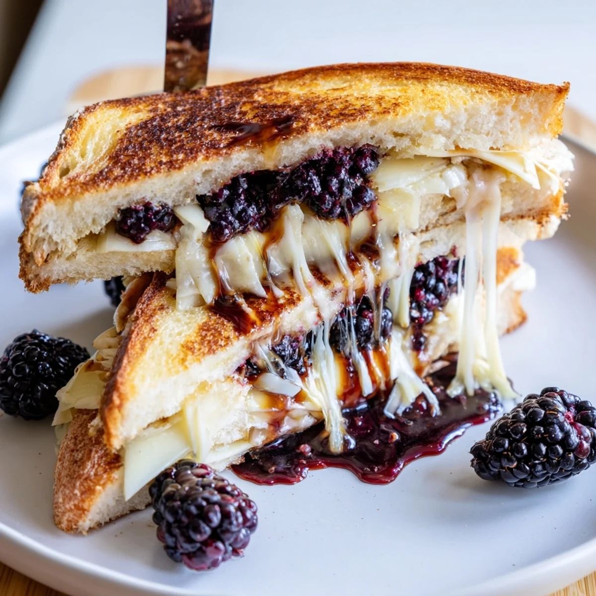 Balsamic Blackberry Bliss Grilled Cheese oozing melted brie, juicy blackberries, golden crust
