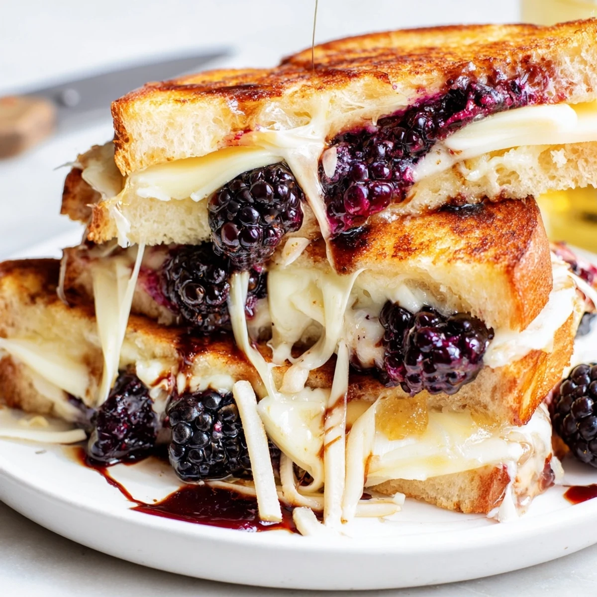 Warm Balsamic Blackberry Bliss Grilled Cheese sliced, balsamic glaze gleaming, ready to serve