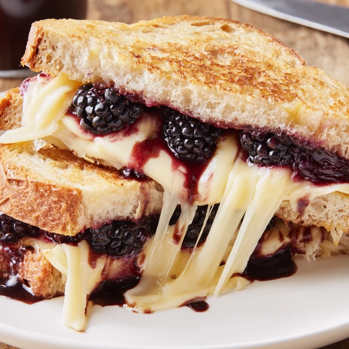 Buttery pan-toasted Balsamic Blackberry Bliss Grilled Cheese with creamy brie and tart berries