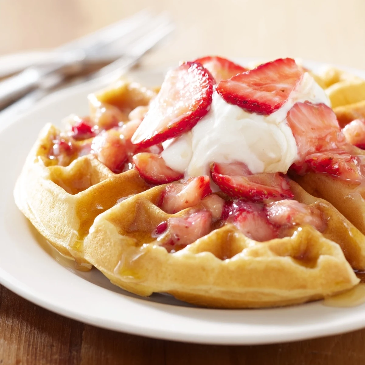 Warm Strawberry Waffles Recipe with golden crisp edges and juicy strawberry pockets