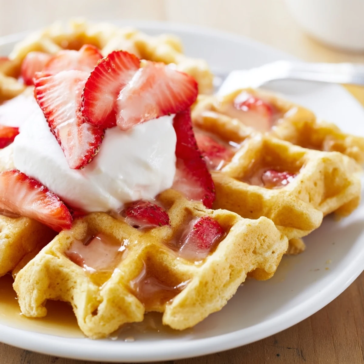 Crispy grid-patterned waffles drizzled with maple syrup, Strawberry Waffles Recipe for brunch