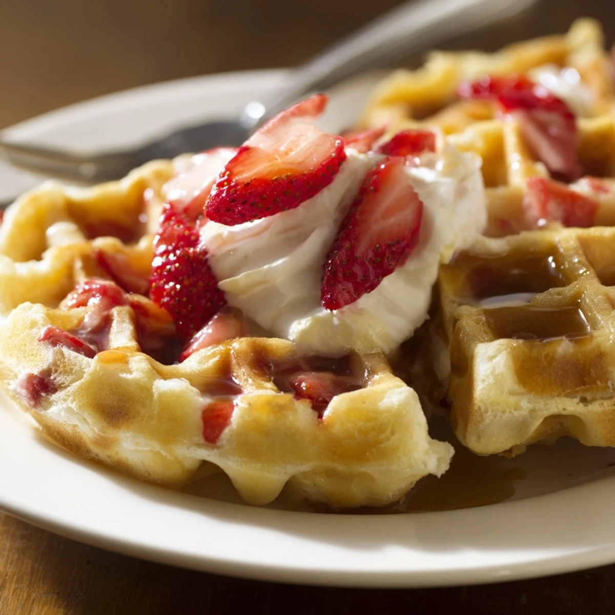 Light fluffy Strawberry Waffles Recipe steaming on plate, topped with whipped cream