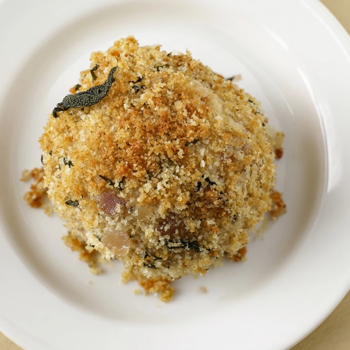 Baked Sage Onion Chicken Balls on parchment, juicy interior, herb-scented bite