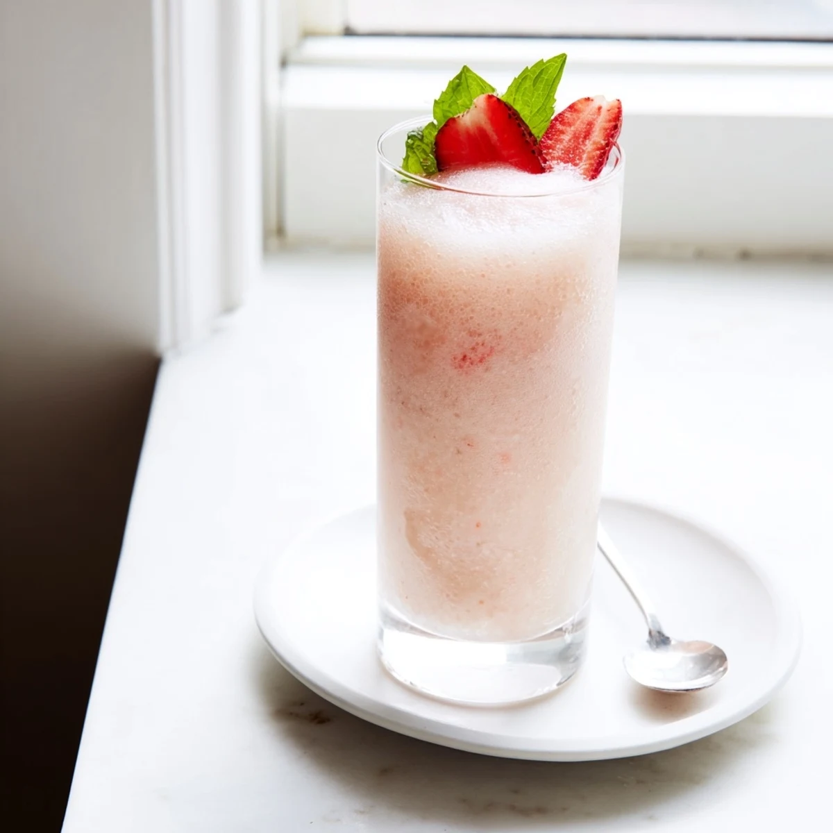 Frosty Strawberry Coconut Cooler Recipe blended creamy, bright strawberry slices and mint