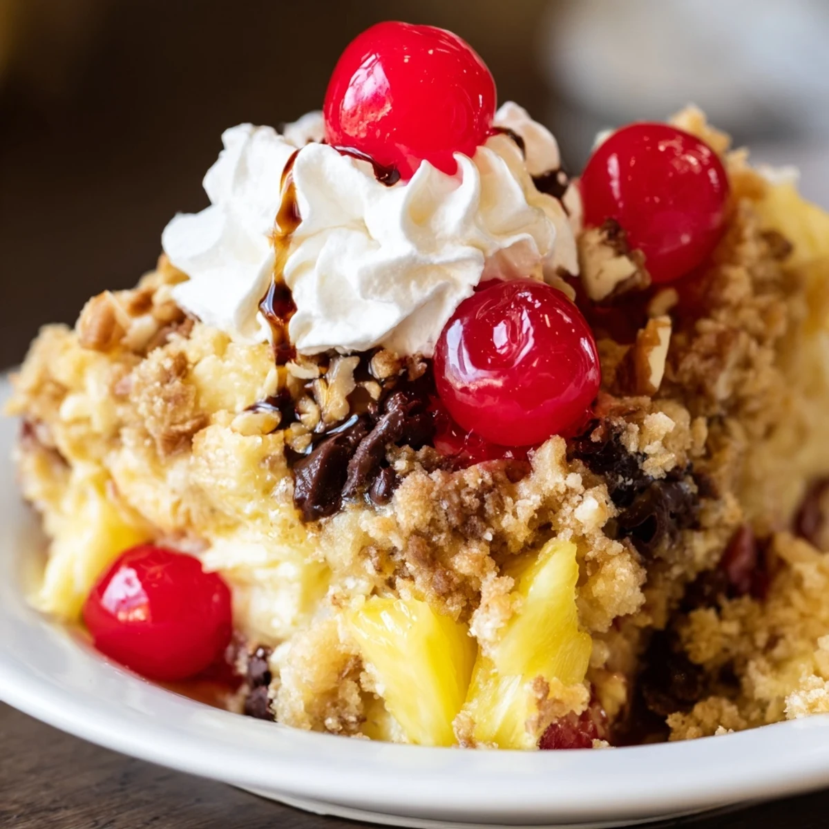 Warm Banana Split Dump Cake bubbling with pineapple, cherries, and melting chocolate.