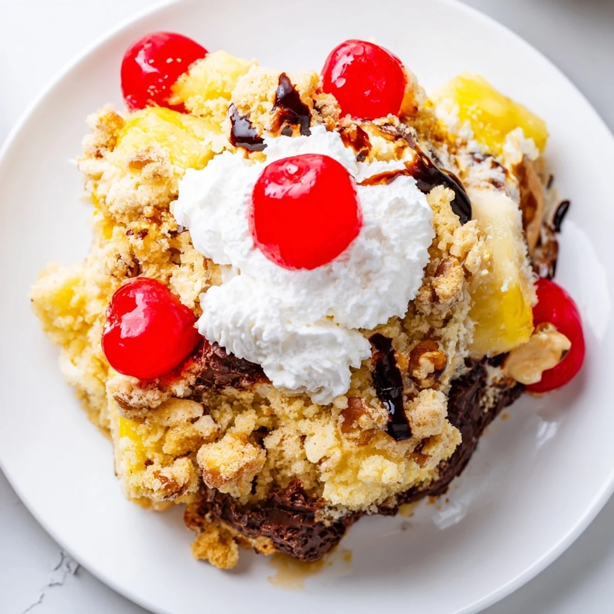 Generous slice of Banana Split Dump Cake topped with whipped cream and a cherry.