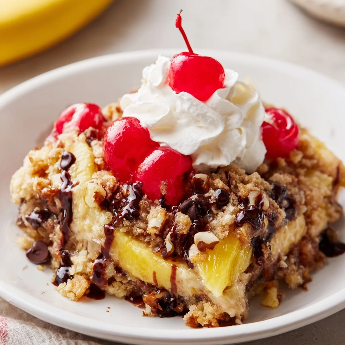 Golden Banana Split Dump Cake cooling in a 9x13 pan, nut-speckled.