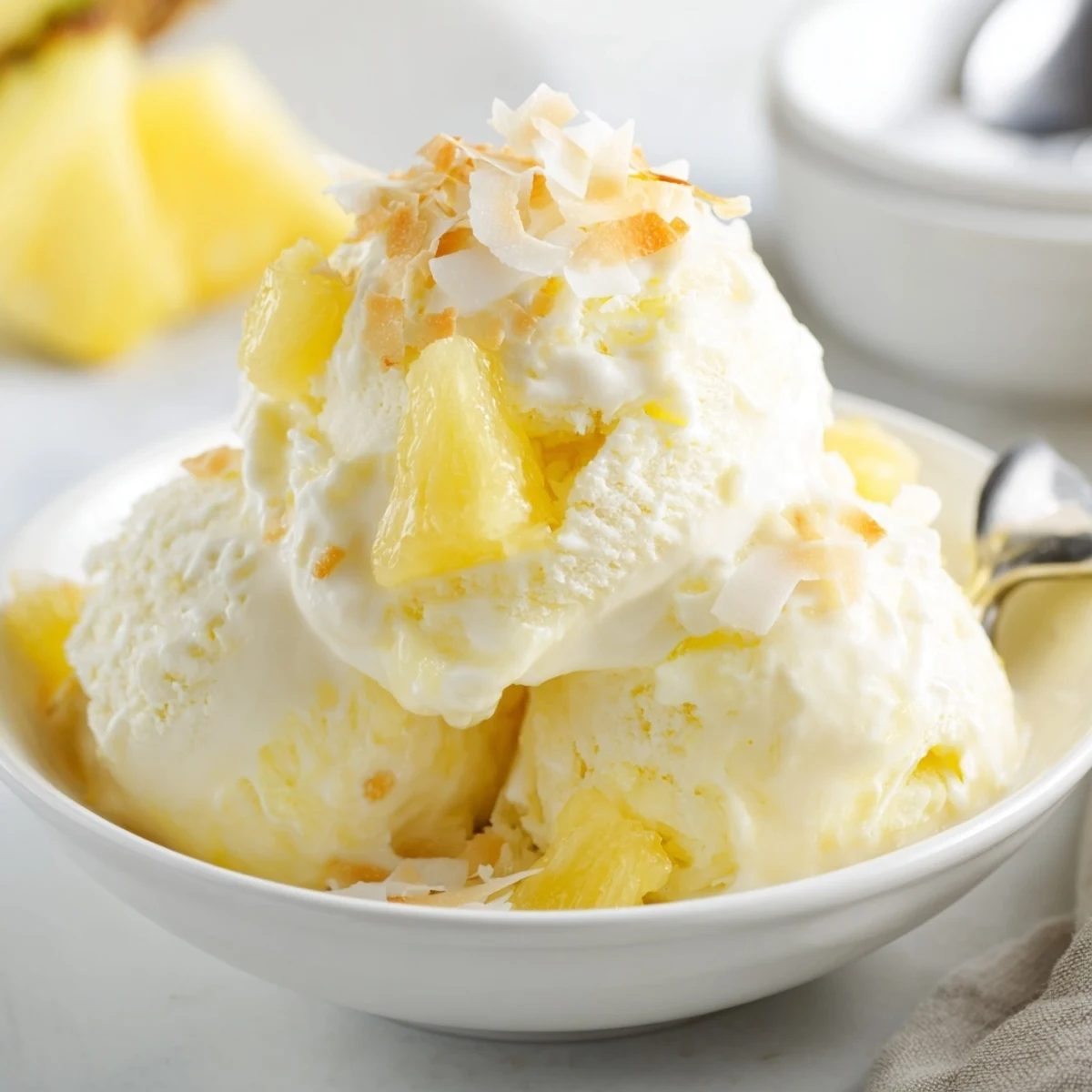 Scoops of Creamy Pineapple Ice Cream served in bowls with lime zest
