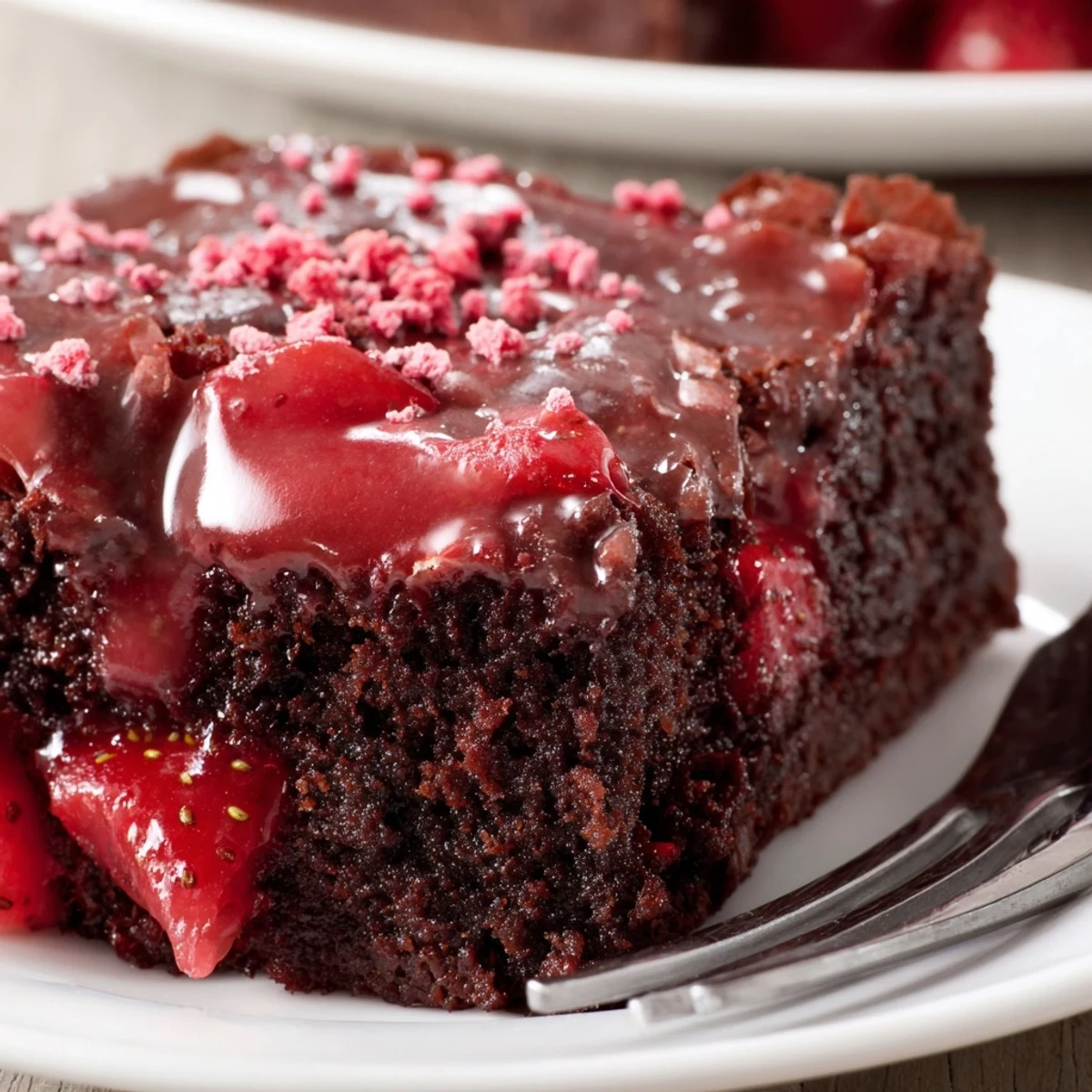 Single slice of Strawberry Brownies served with whipped cream and fresh berries.
