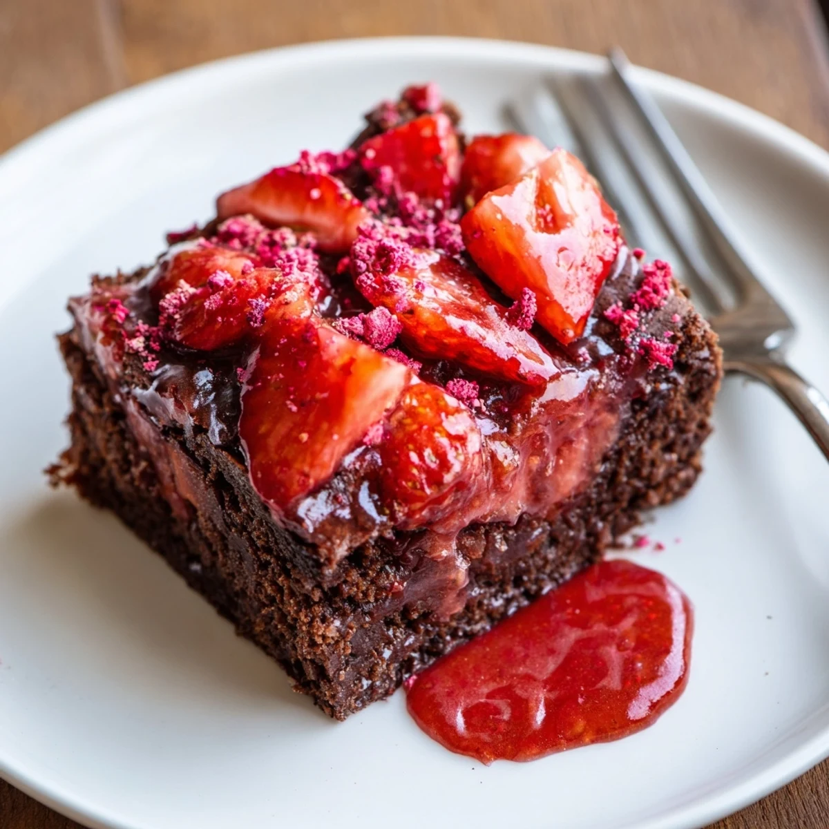 Warm Strawberry Brownies cooling in an 8x8 pan, aroma of fresh strawberries.