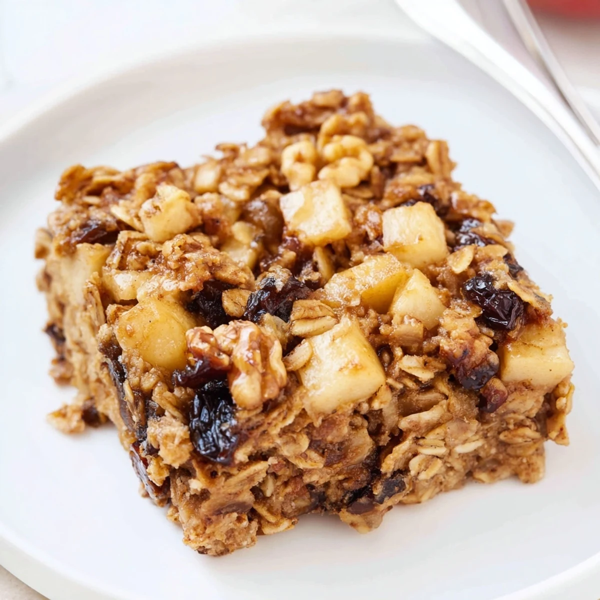 Bubbly, apple-studded Delicious Apple Cinnamon Oatmeal Bake Recipe For Mornings drizzled with maple
